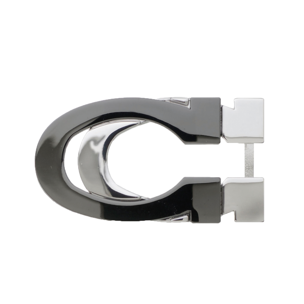 C-shaped belt buckle with hinged end, glossy gunmetal outer frame and polished inner loop, isolated on transparent background