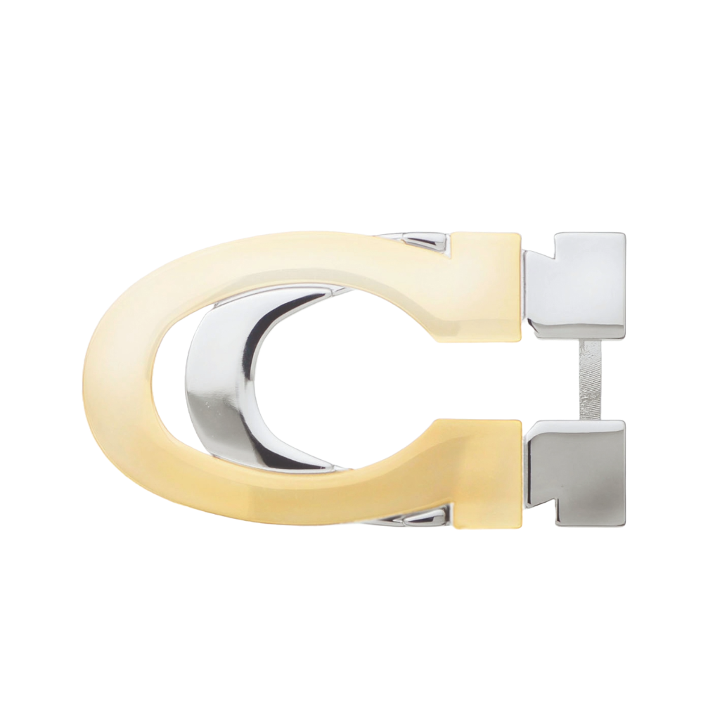 C-shaped belt buckle with hinge, light gold outer frame and polished inner loop, isolated on transparent background