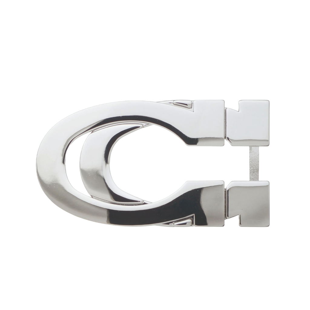 C-shaped belt buckle with hinge pin, polished silver finish, isolated on transparent background