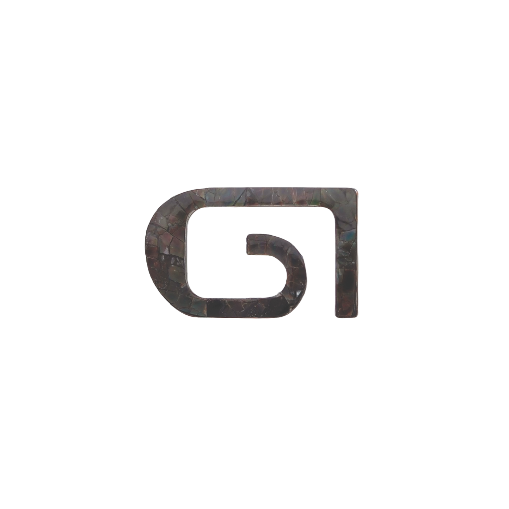 G-shaped belt buckle frame, dark shell-like mosaic texture, isolated on transparent background