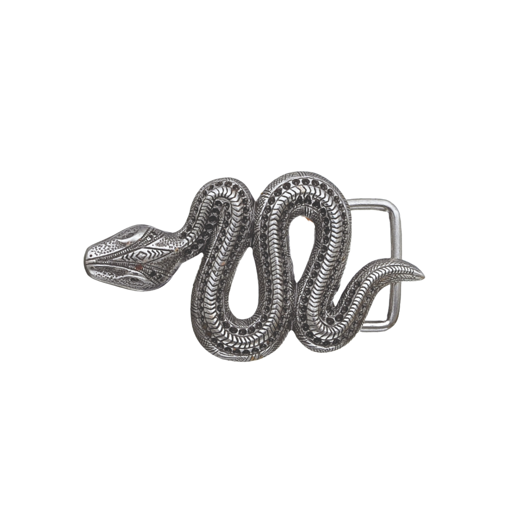 Serpent-shaped belt buckle, oxidized silver with engraved scale texture, isolated on transparent background