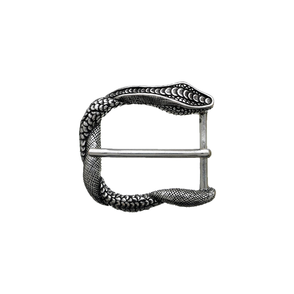 Modern antique-silver snake belt buckle featuring a detailed reptilian scale texture and a curved serpent silhouette.