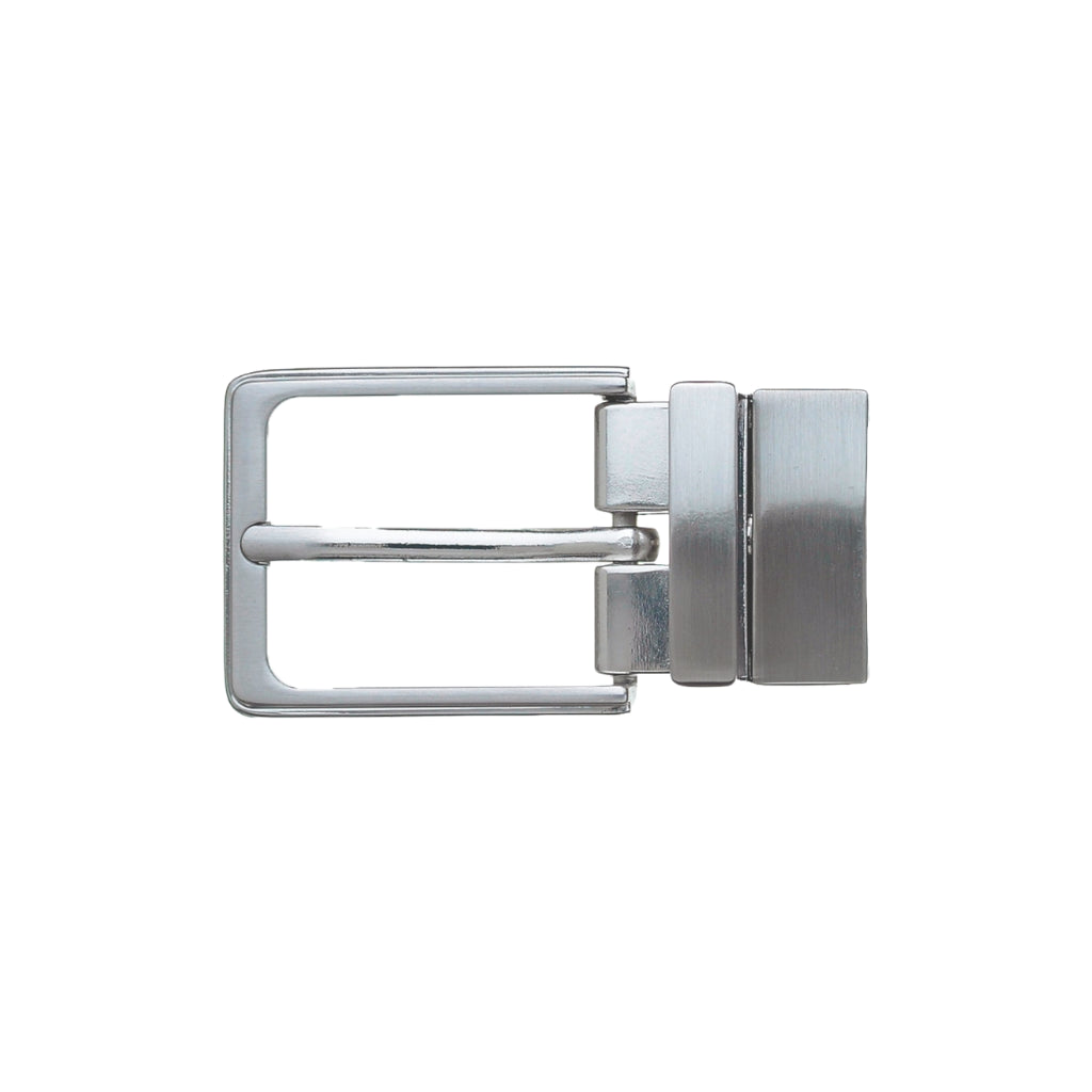 Brushed nickel rectangular frame belt buckle with pin bar and clamp closure, fits 30mm belt strap