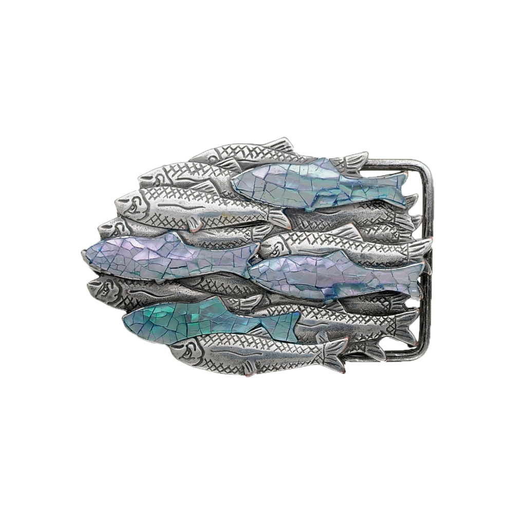 Silver fish school belt buckle with abalone shell inlay, nautical ocean marine life fashion accessory, Italian design inspired vintage buckle, men’s collectible decorative belt hardware