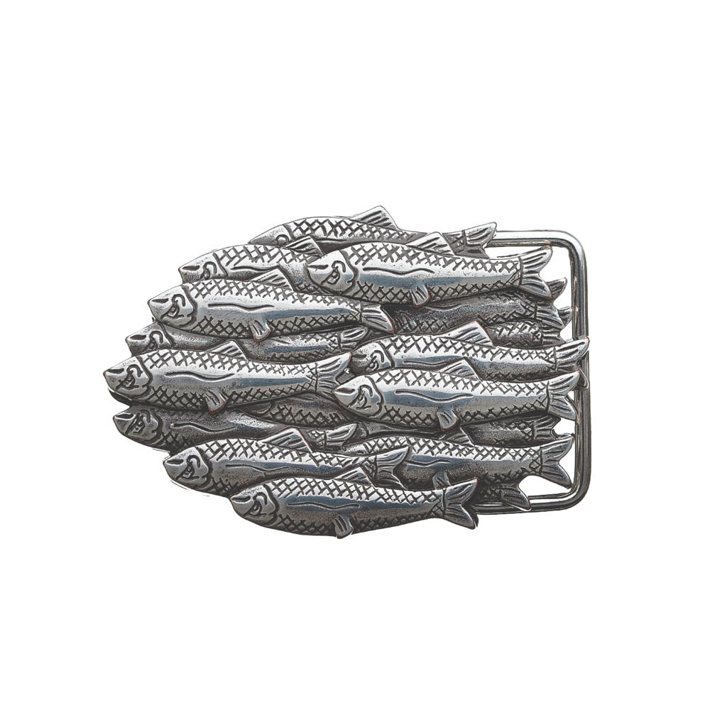 Intricate polished silver belt buckle with a large school of fish design, a unique fashion accessory with a beautiful Italian design.