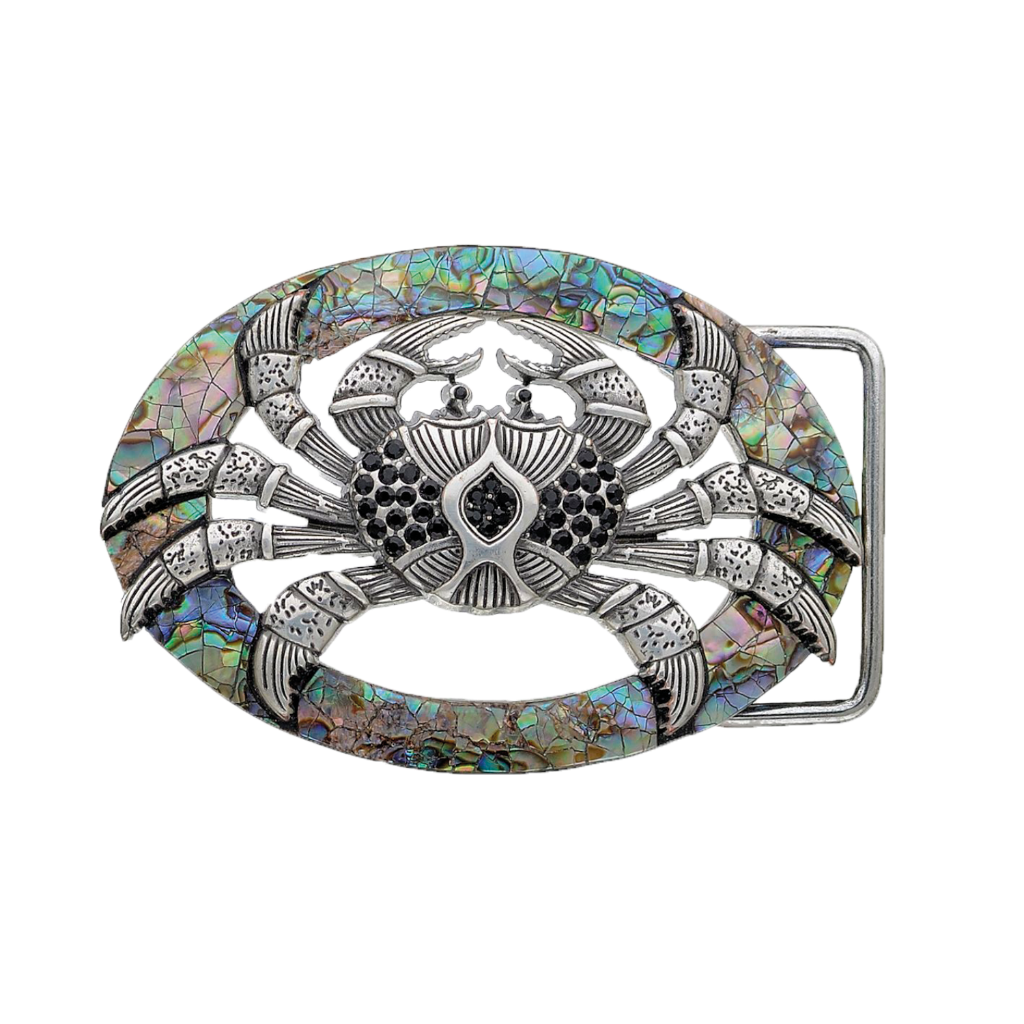 Silver crab belt buckle with abalone shell inlay and gemstone accents, nautical marine life fashion accessory, Italian design inspired vintage buckle, men’s collectible decorative belt hardware