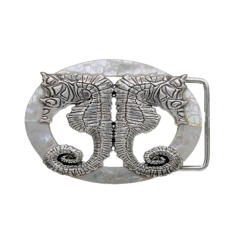 Silver seahorse belt buckle with cracked white shell inlay, nautical marine life fashion accessory, Italian design inspired vintage buckle, men’s collectible decorative belt hardware