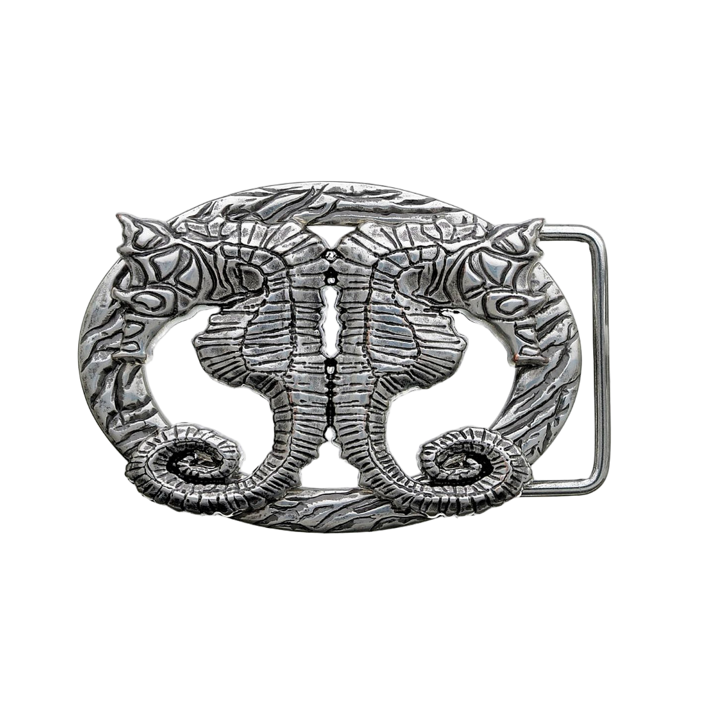 Antique silver seahorse belt buckle with engraved ocean design, nautical marine life fashion accessory, Italian design inspired vintage buckle, men’s collectible decorative belt hardware
