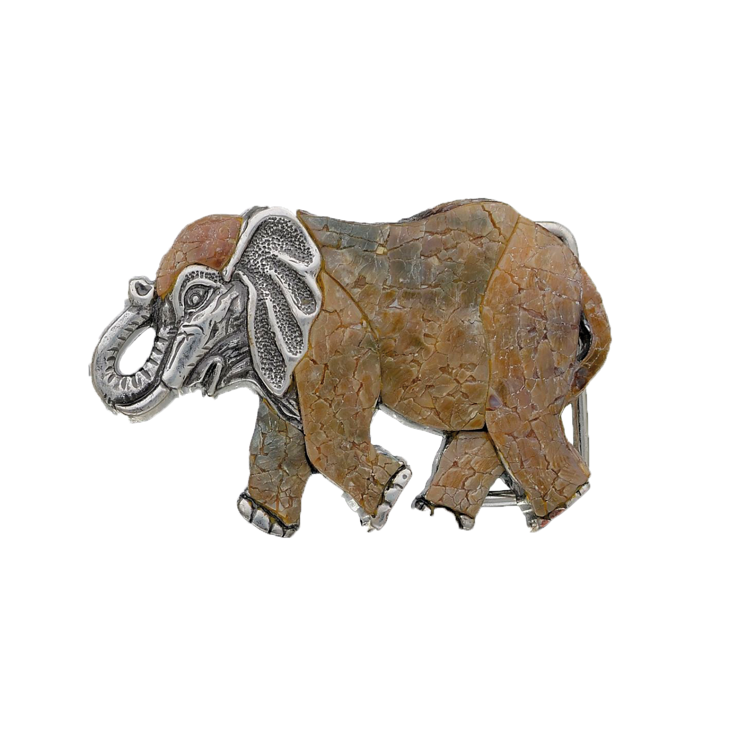 Elephant 40mm belt buckle in English Silver + Cracked Raw Mother of Pearl.