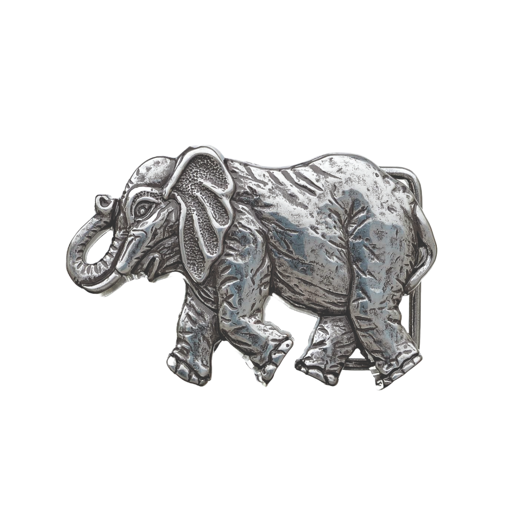 A detailed, silver-toned elephant belt buckle, serving as a unique fashion accessory. The piece is sculpted in a walking pose with its trunk raised, featuring a textured and intricate design that suggests a high-quality Italian design aesthetic.