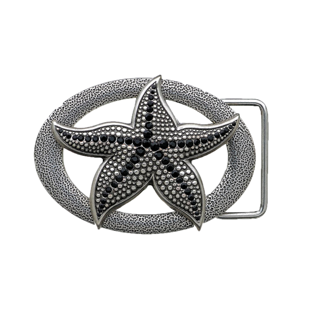 A detailed, oval-shaped metallic belt buckle. This stylish fashion accessory features a central starfish adorned with black and silver studs, set against a textured, pebbled frame, with a look that suggests an Italian design aesthetic.
