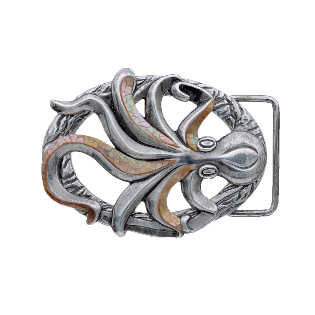 Octopus Motif 40mm Belt Buckle – English Silver Finish + Cracked Brown Lip Mother of Pearl