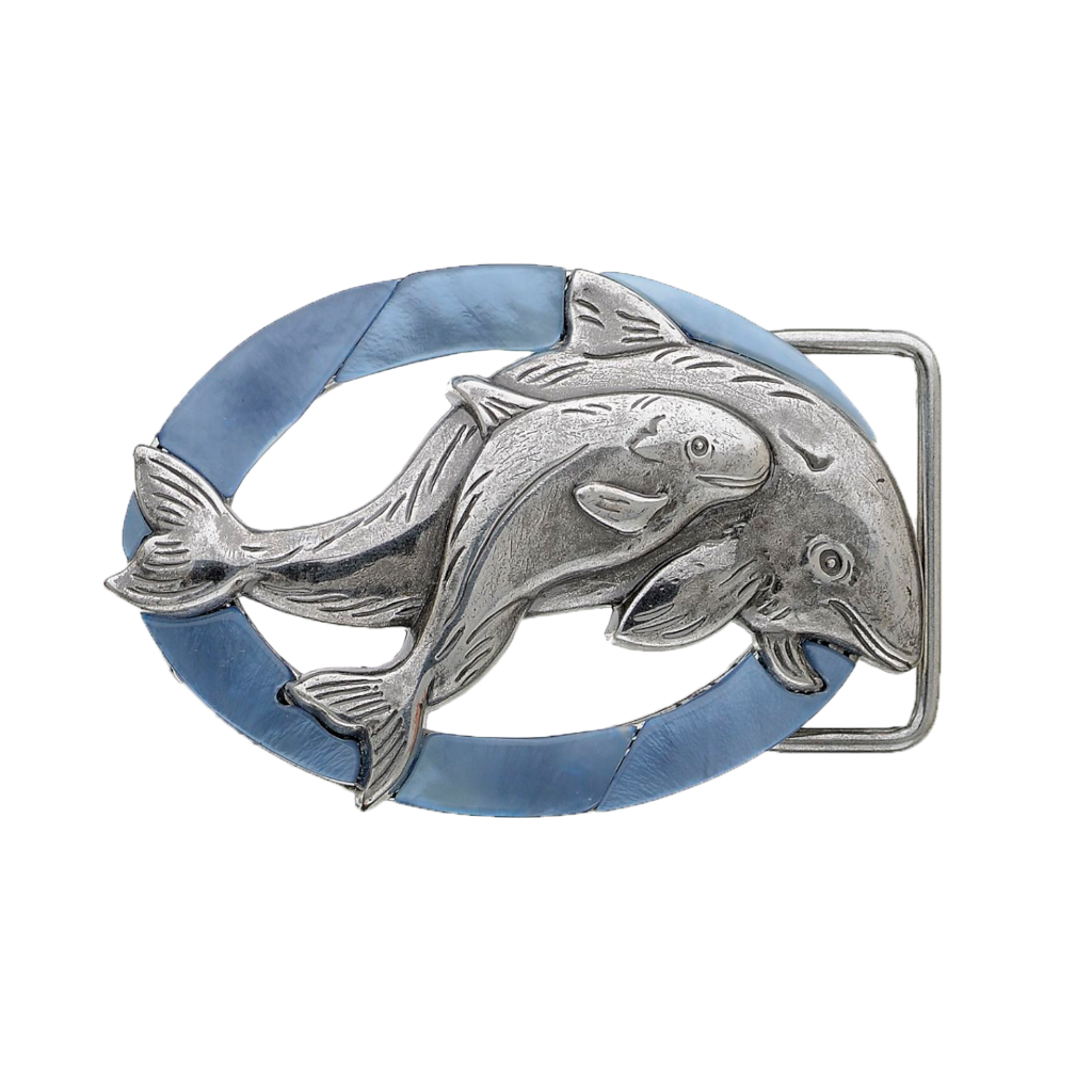 Silver dolphin belt buckle with blue mother of pearl inlay, ocean marine life fashion accessory, Italian design inspired vintage buckle, men’s collectible decorative belt hardware