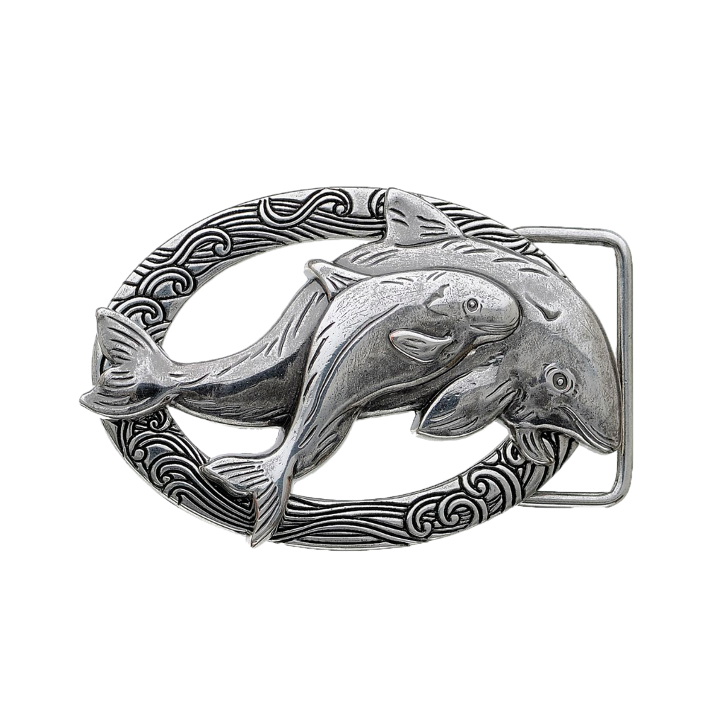 A detailed, sculpted silver belt buckle. This unique fashion accessory features two intertwined dolphins, set within a textured, wavy frame, with an intricate design that suggests a high-quality Italian design aesthetic.