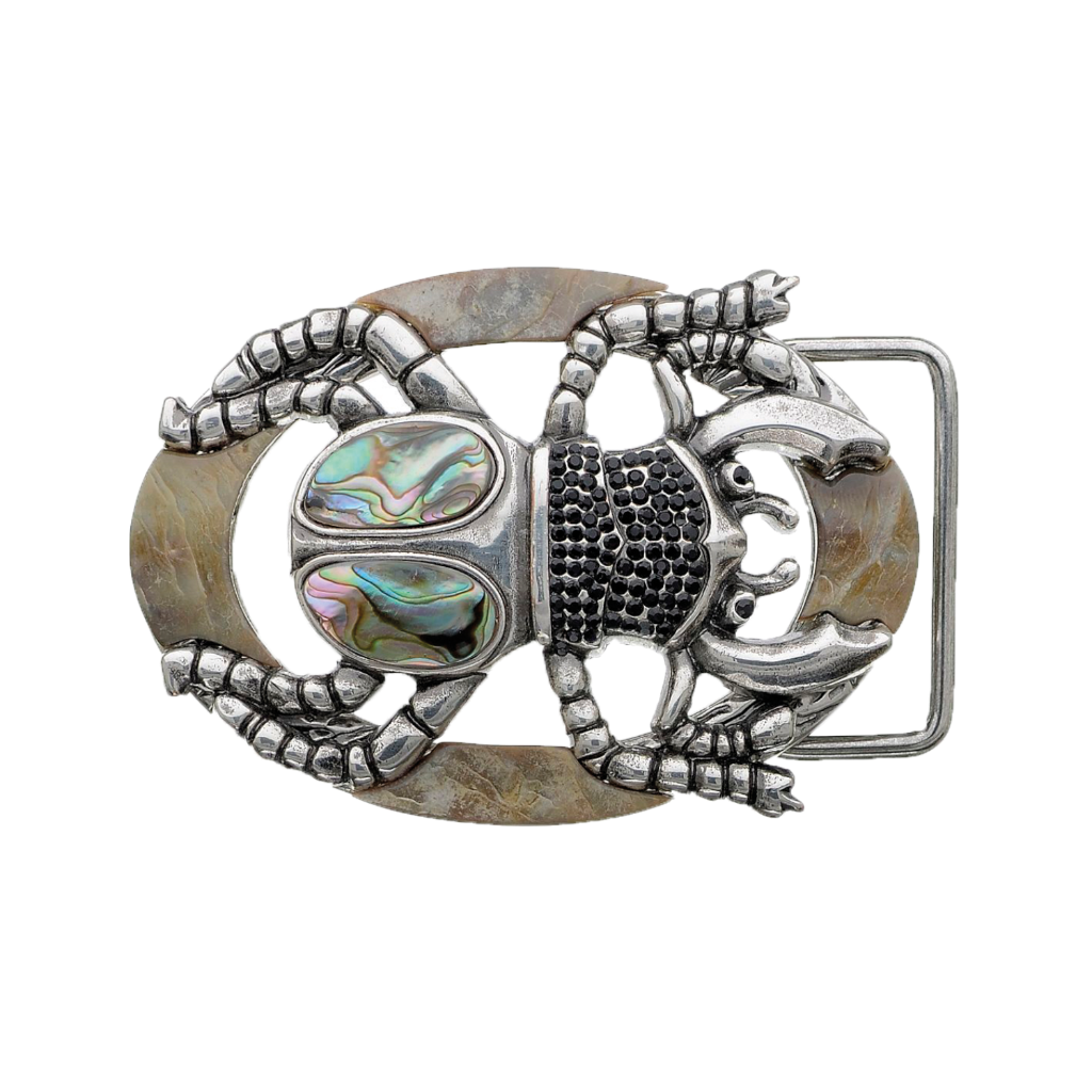 Silver scarab beetle belt buckle with abalone shell inlay and gemstone accents, Egyptian inspired fashion accessory, Italian design vintage buckle, men’s collectible decorative belt hardware