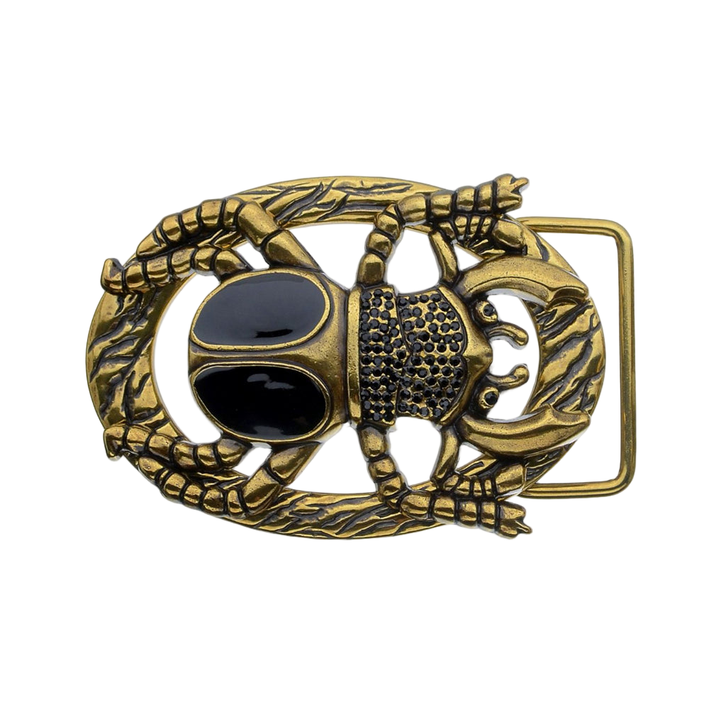 Antique gold scarab beetle belt buckle with black enamel inlay, Egyptian inspired fashion accessory, Italian design vintage buckle, men’s collectible decorative belt hardware