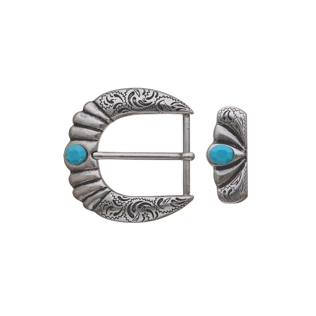 Antique silver-tone western belt buckle and matching keeper set featuring engraved paisley floral patterns and turquoise stone inlays.