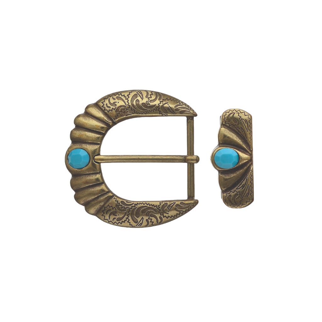 Antique bronze-tone western belt buckle and matching keeper set featuring engraved paisley floral patterns and turquoise stone inlays.