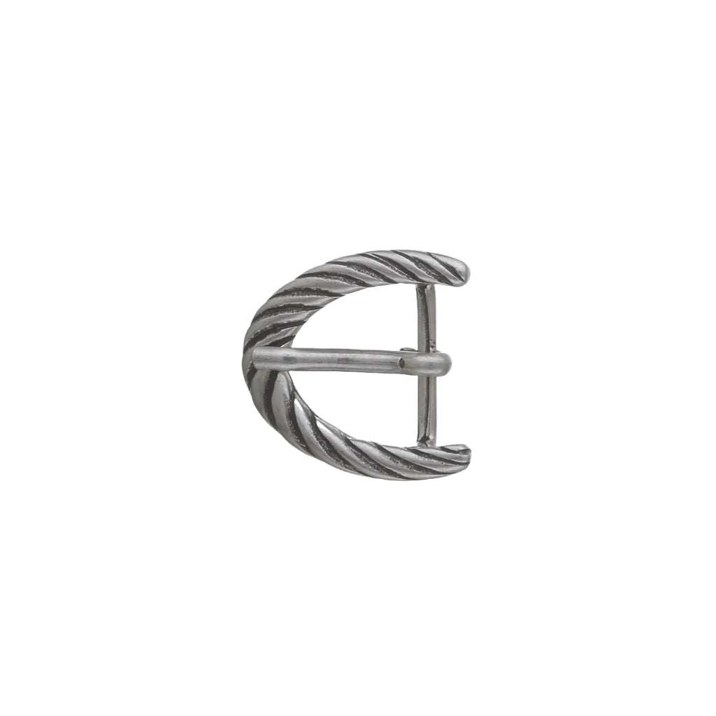 Polished silver crescent belt buckle with diagonal rope-groove texture, fits 30mm belt strap