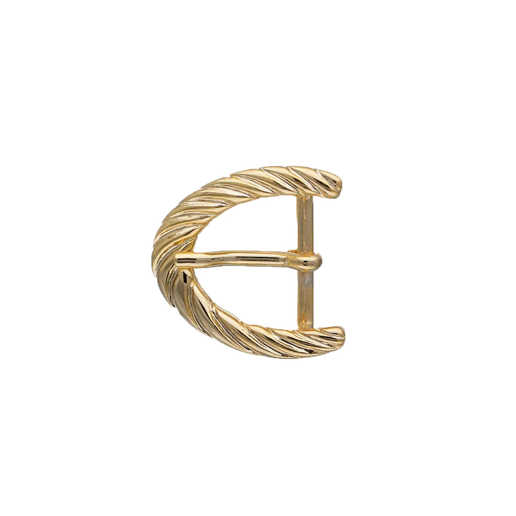 Shiny light gold crescent belt buckle with twisted rope texture, fits 35mm belt strap