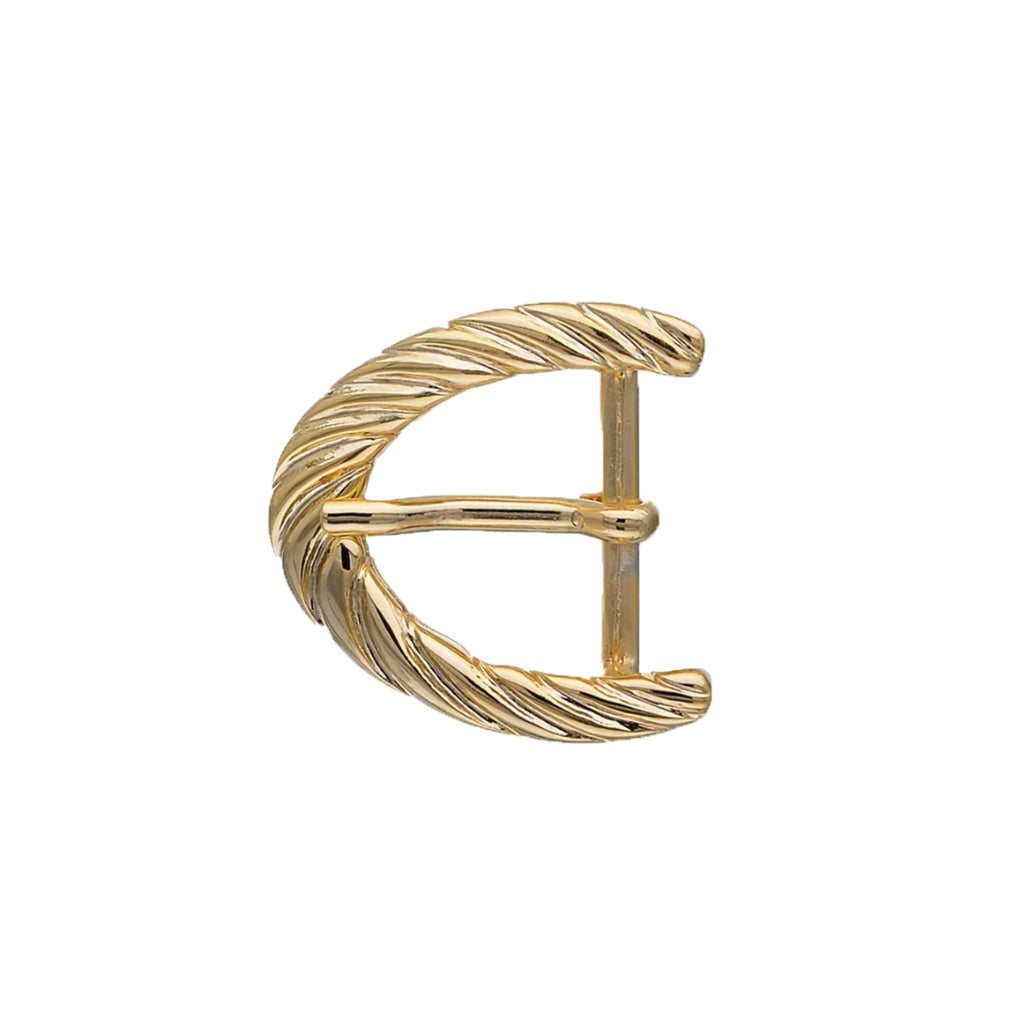Shiny light gold crescent belt buckle with twisted rope texture, fits 40mm belt strap