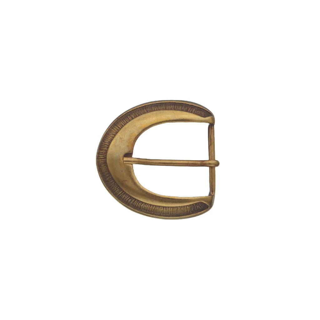 Decorative 35mm belt buckle in old gold.