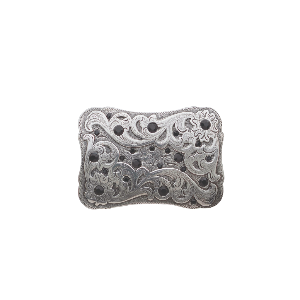 A detailed, ornate silver belt buckle. This unique fashion accessory features an intricate floral and scrollwork pattern embellished with black gems, with a look that suggests a high-quality Italian design aesthetic.
