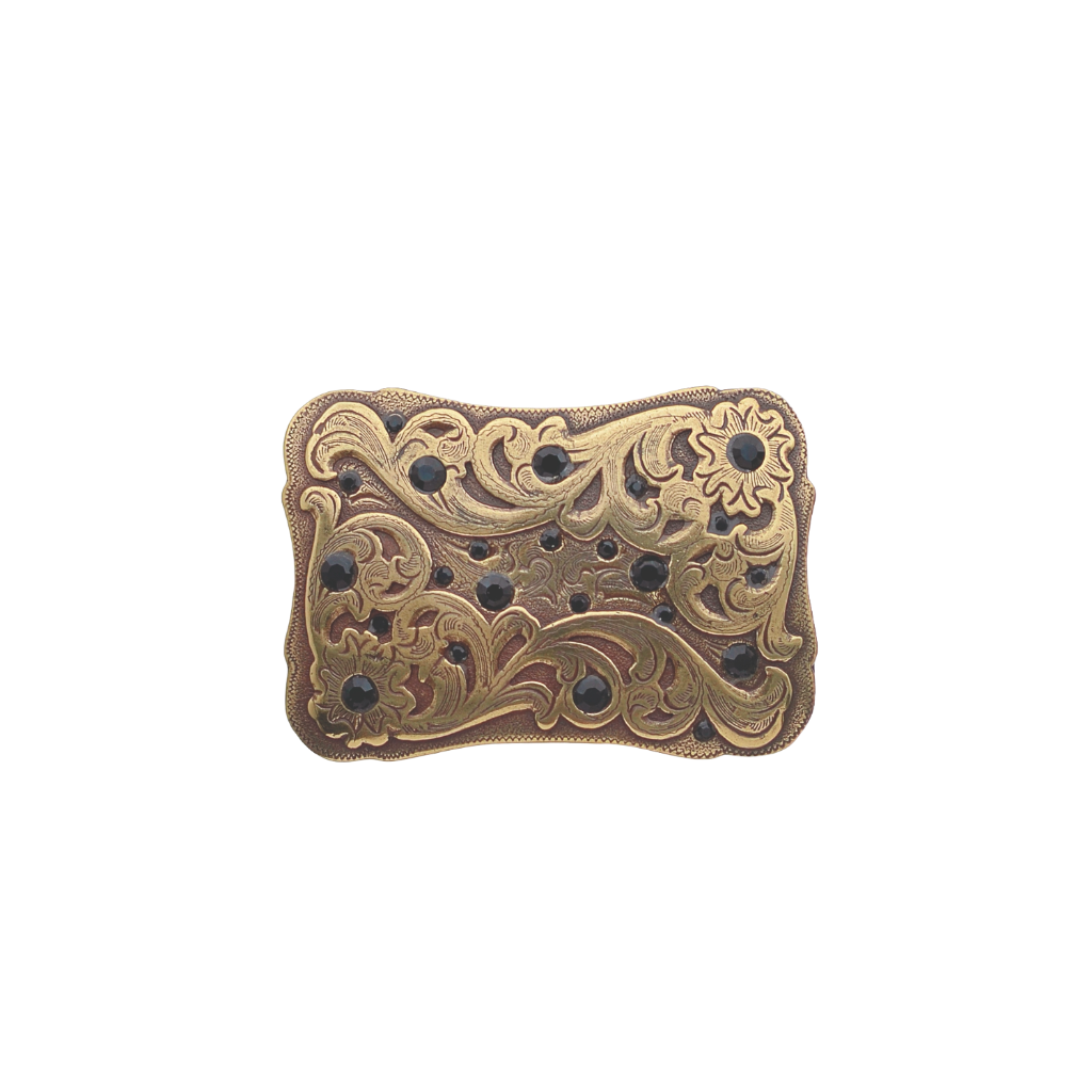 A detailed, ornate gold or bronze-toned belt buckle. This unique fashion accessory features an intricate floral and scrollwork pattern embellished with black gems, with a look that suggests a high-quality Italian design aesthetic.
