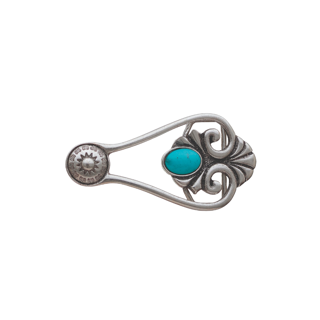 A unique silver belt buckle with a Southwestern design. This fashion accessory features an elongated shape with a central oval turquoise stone, a sunburst motif, and ornate scrollwork.