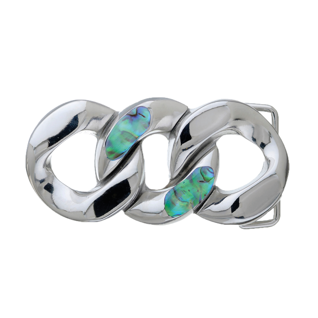 Silver chain link belt buckle with abalone shell inlay, modern fashion accessory with gemstone accents, Italian design inspired vintage buckle, stylish men’s belt hardware, collectible decorative accessory