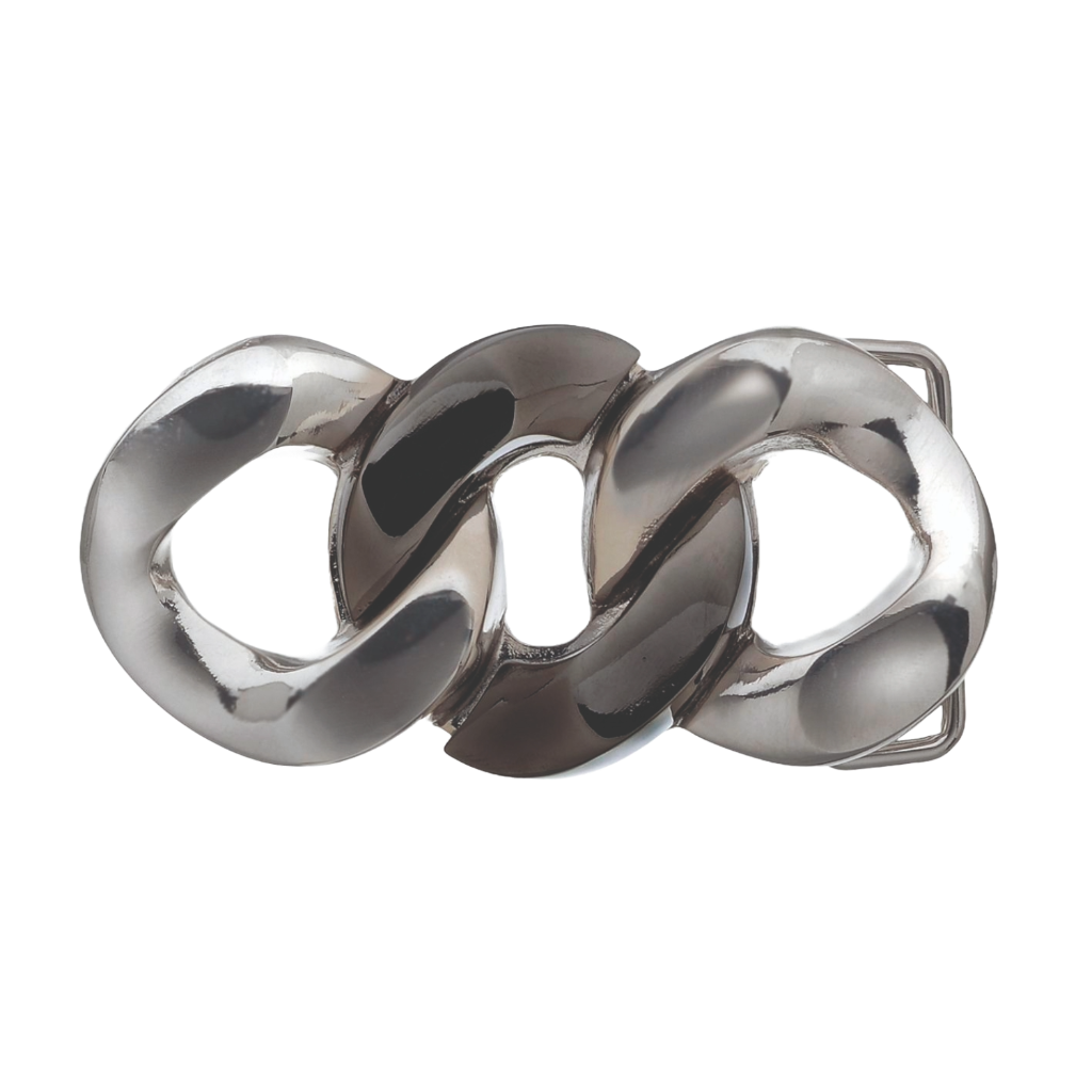 Silver chain link belt buckle with polished finish, modern fashion accessory, Italian design inspired vintage buckle, stylish men’s belt hardware, collectible decorative accessory