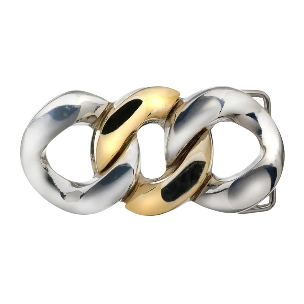 Stylish two-tone chain belt buckle featuring interlocking silver and gold links.