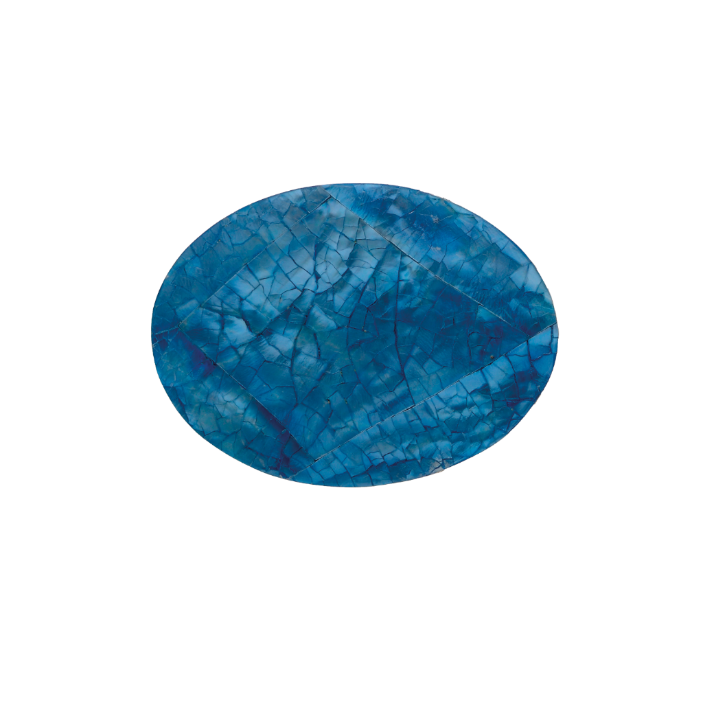 Oval belt buckle with blue mother of pearl mosaic inlay, cracked gemstone shell design, iridescent fashion accessory with natural shine, Italian design inspired vintage buckle, stylish men’s belt hardware