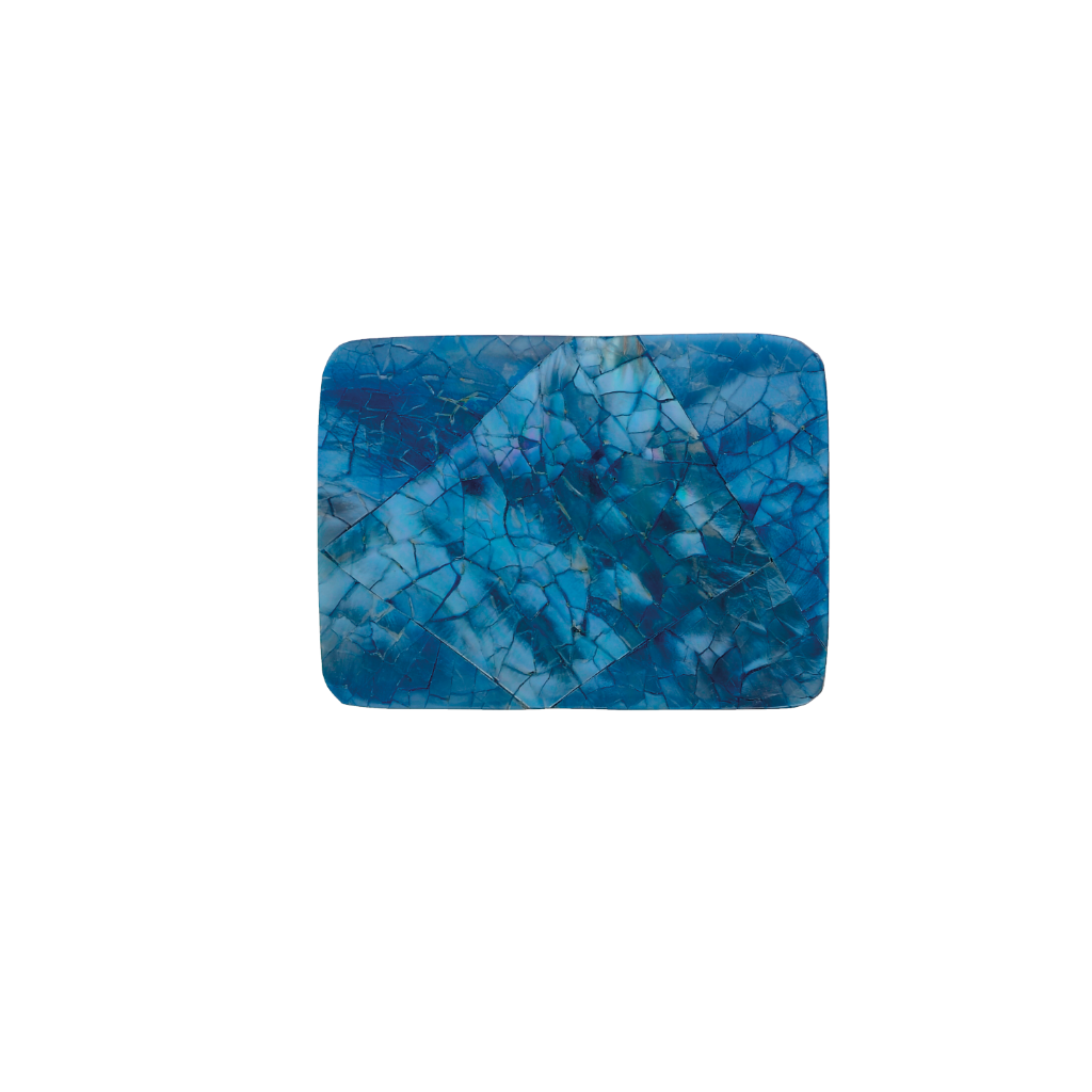 Rectangular belt buckle with blue mother of pearl mosaic inlay, cracked gemstone shell design, fashion accessory with iridescent finish, Italian design inspired vintage buckle, stylish men’s belt hardware