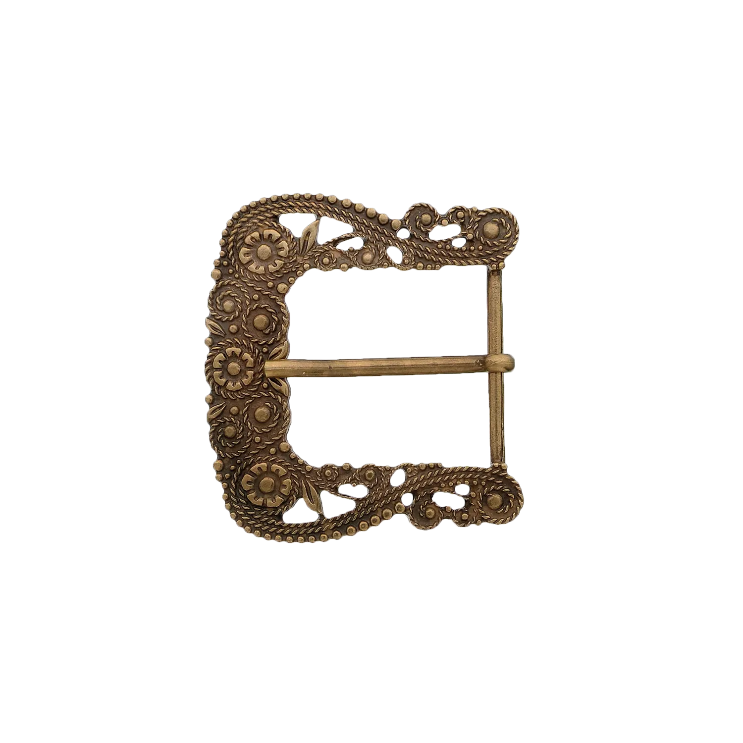 Decorative 40mm belt buckle in old gold.