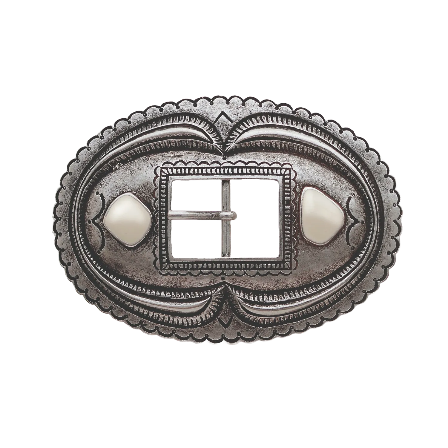 Decorative 25mm belt buckle in English Silver with white enamel.