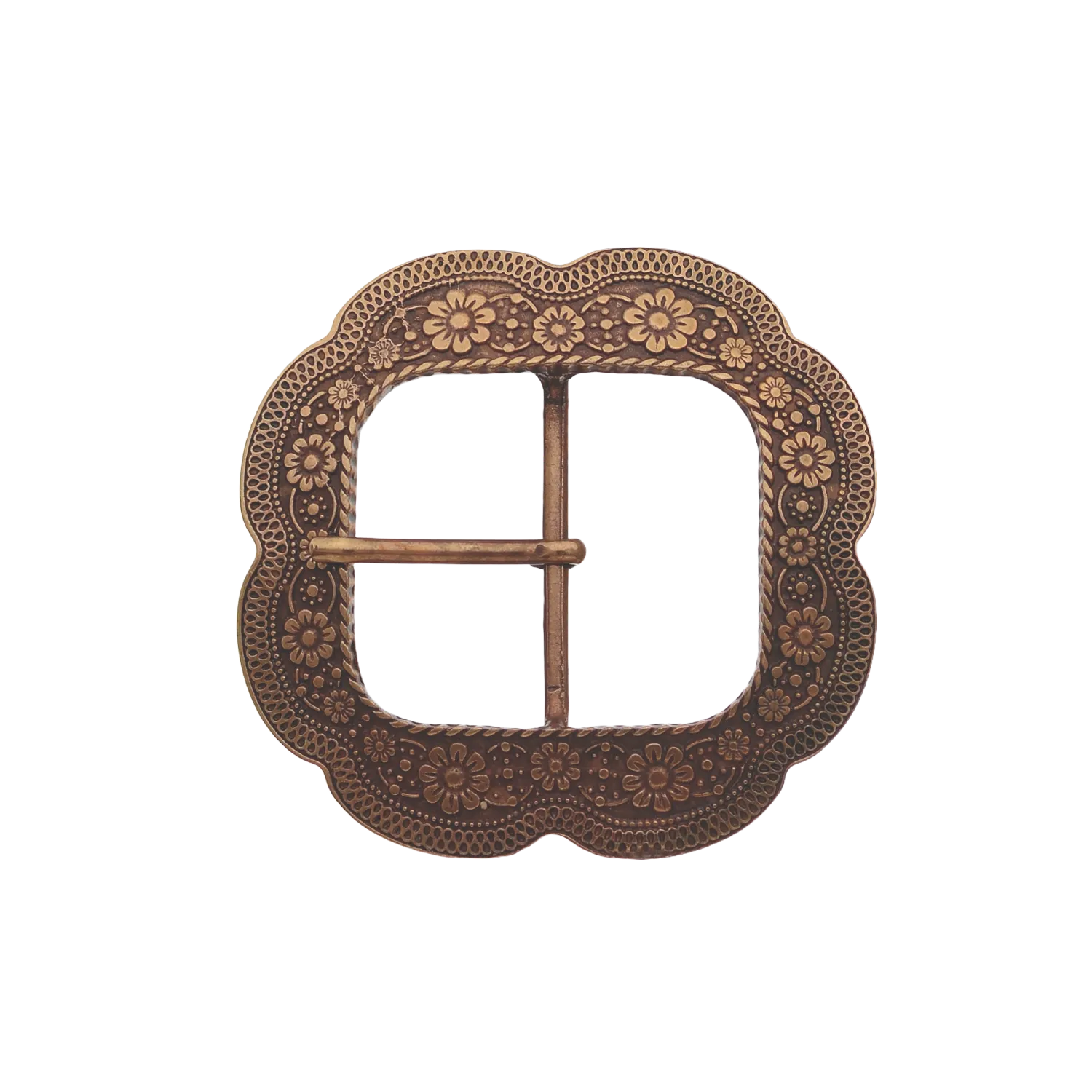 Decorative 50mm belt buckle in old gold.