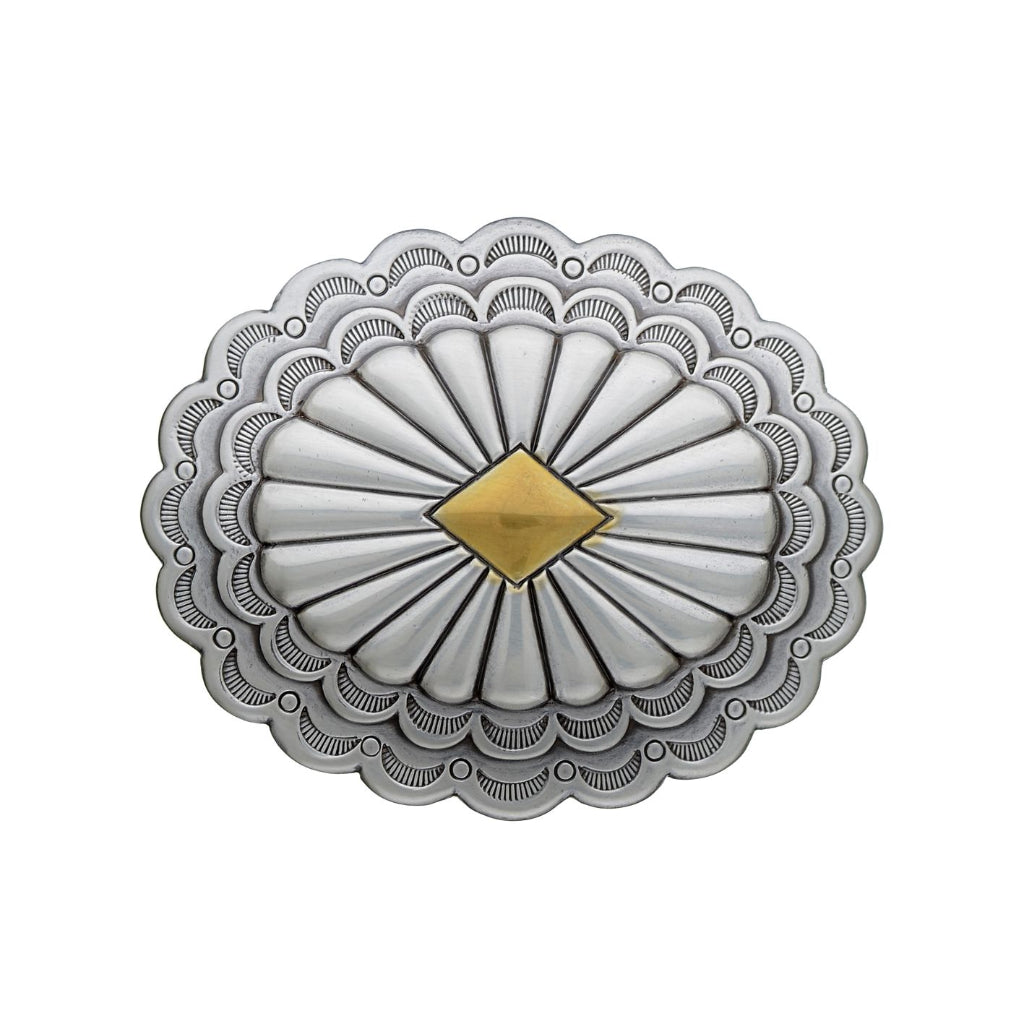 Oval silver belt buckle with scalloped edge and gold diamond centerpiece, western cowboy fashion accessory, Italian design inspired engraved buckle, men’s stylish belt hardware, vintage decorative accessory