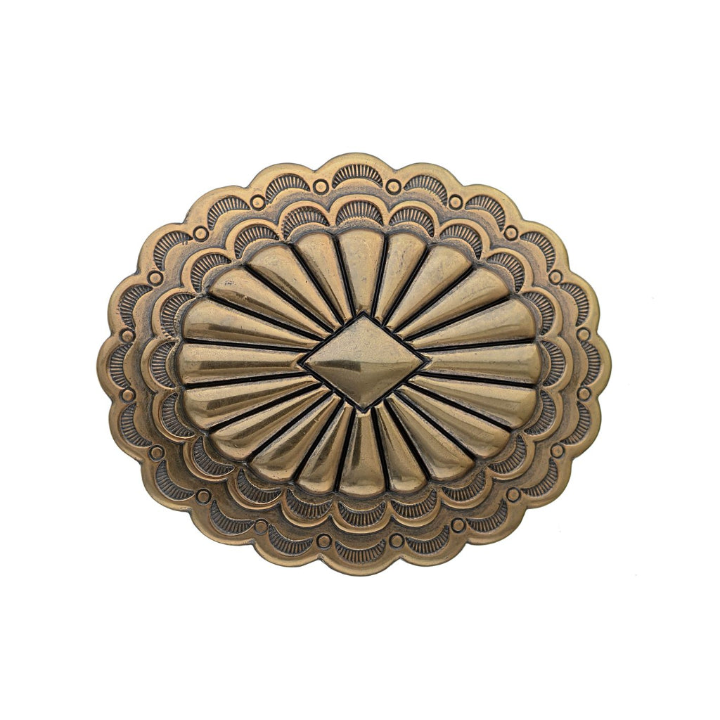 Oval bronze belt buckle with scalloped edge and diamond centerpiece, engraved western cowboy fashion accessory, Italian design inspired vintage buckle, rustic men’s belt hardware, collectible decorative accessory