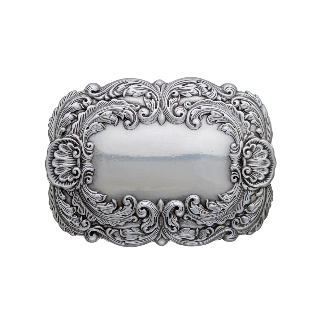 Large silver belt buckle with ornate floral scroll engraving, vintage western fashion accessory, Italian design inspired decorative buckle, men’s stylish belt hardware, collectible cowboy accessory