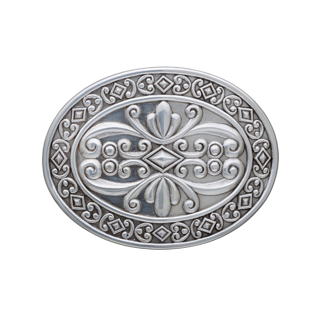 Oval silver belt buckle with ornate floral scroll design, engraved vintage western fashion accessory, Italian design inspired decorative buckle, men’s stylish belt hardware, elegant collectible accessory