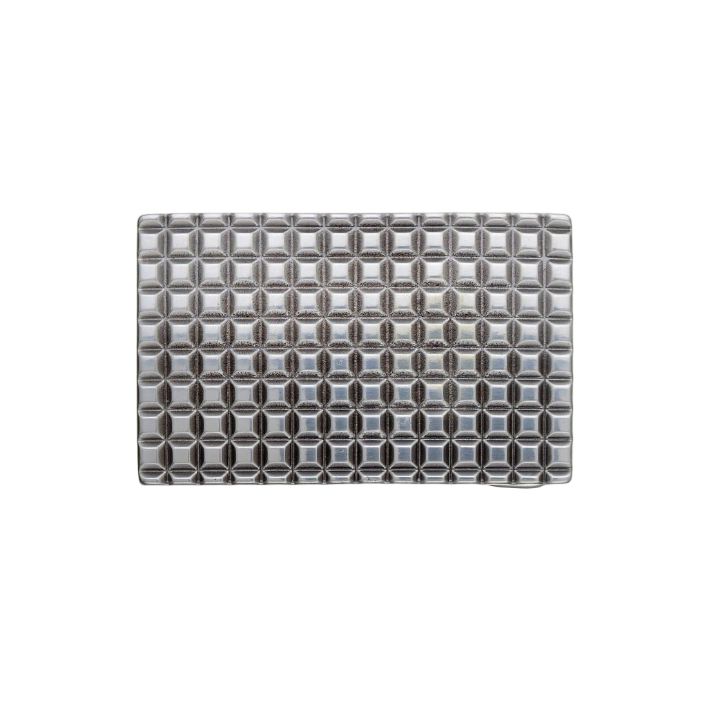 Rectangular silver belt buckle with geometric grid pattern, modern fashion accessory, Italian design inspired engraved metal buckle, stylish men’s belt hardware, contemporary minimalist accessory