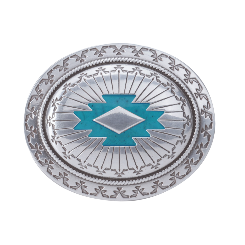 A detailed silver belt buckle with a Southwestern or concho-style design. This fashion accessory features a central turquoise geometric inlay, surrounded by radiating lines and stamped patterns.