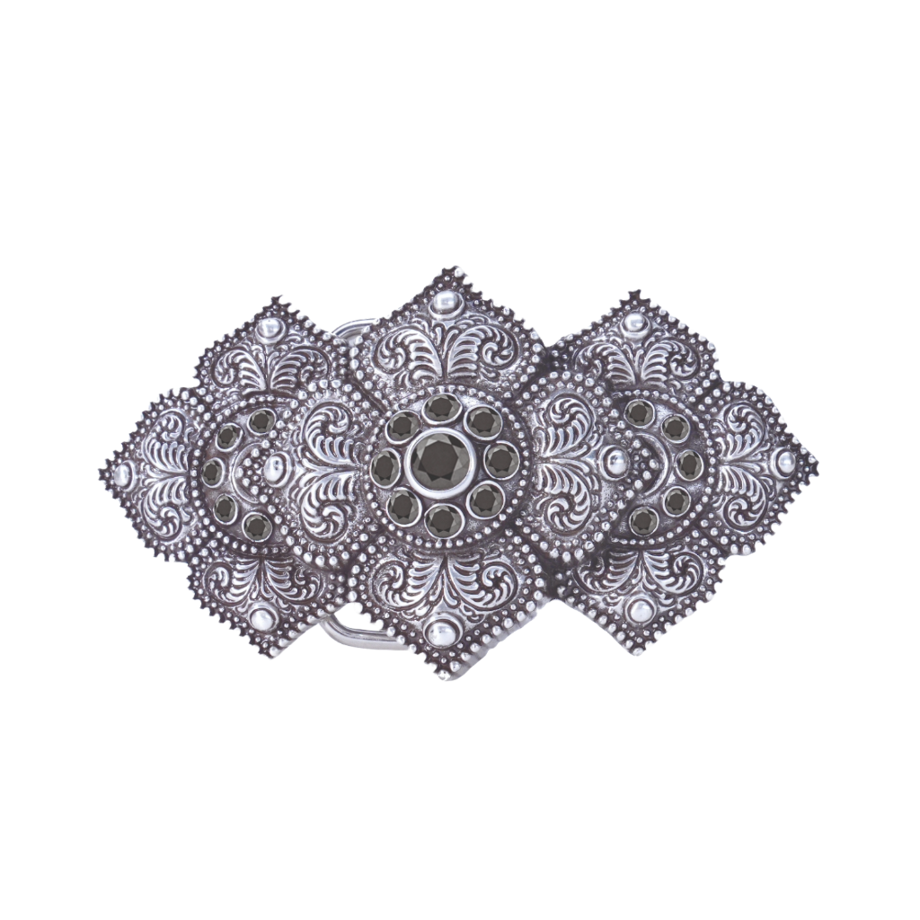 A detailed, ornate silver fashion accessory. This piece features three interconnected floral medallions with intricate scrollwork and black gems, with a high-quality look that suggests a refined Italian design aesthetic.