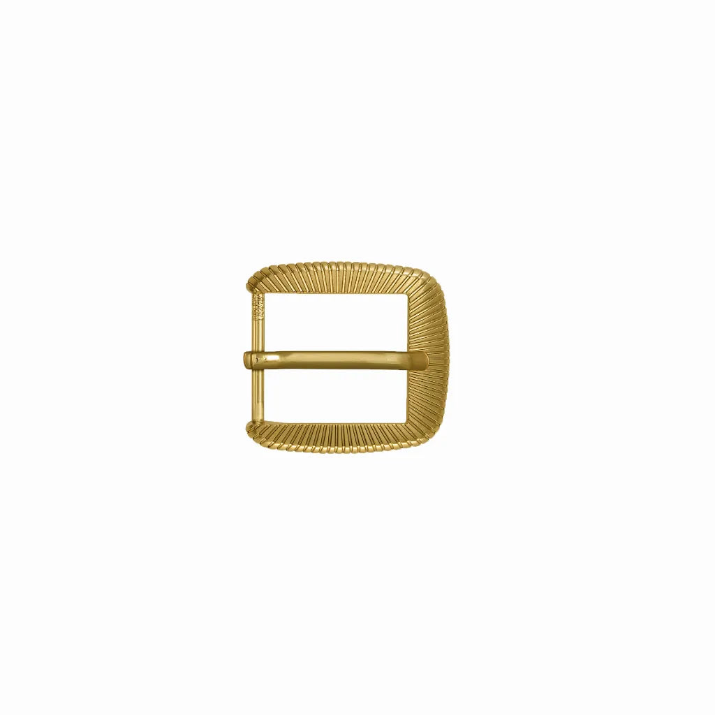 Polished gold rectangular belt buckle featuring a deep radiating sunburst texture and single prong.