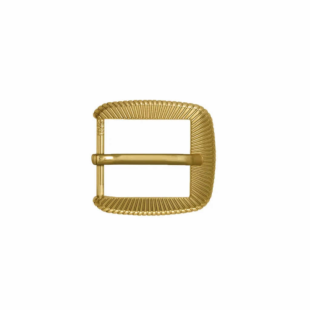Polished gold rectangular belt buckle featuring a deep radiating sunburst texture and single prong.