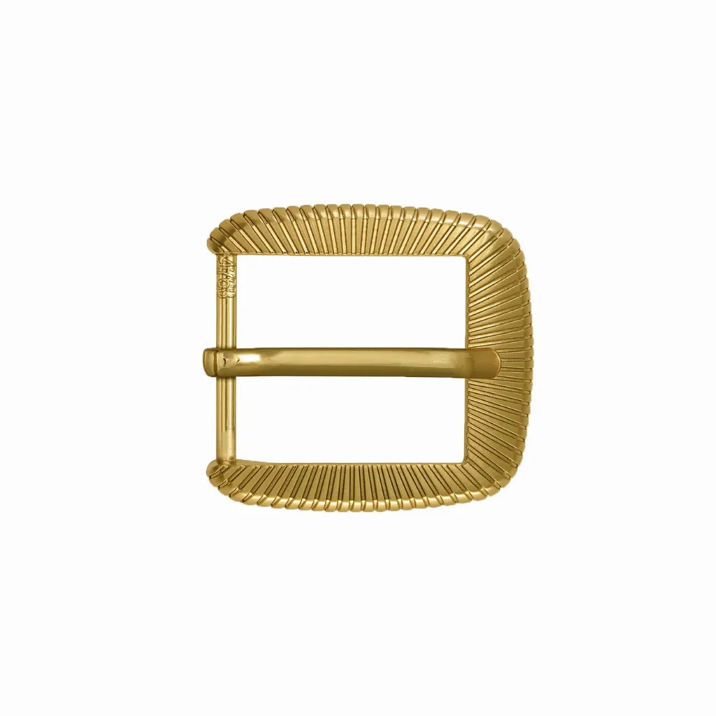 Polished gold rectangular belt buckle featuring a deep radiating sunburst texture and single prong.