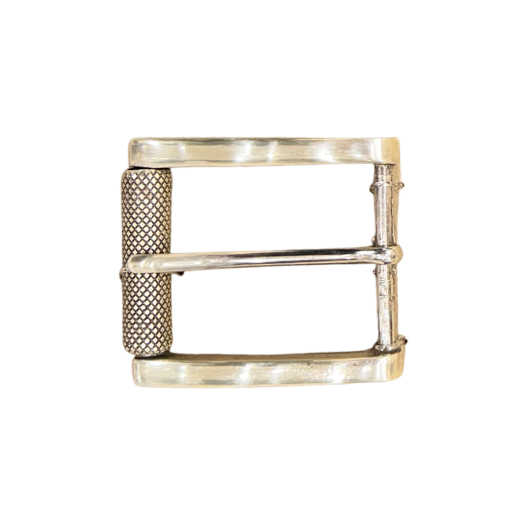 English silver belt buckle with textured barrel design, handcrafted Zamak finish, minimalist rectangular style