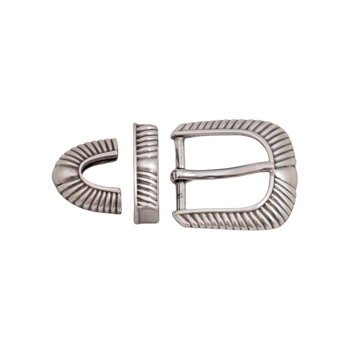 English Silver 30mm belt buckle set with fluted detailing, matching keeper loop and belt tip, style 102657-30