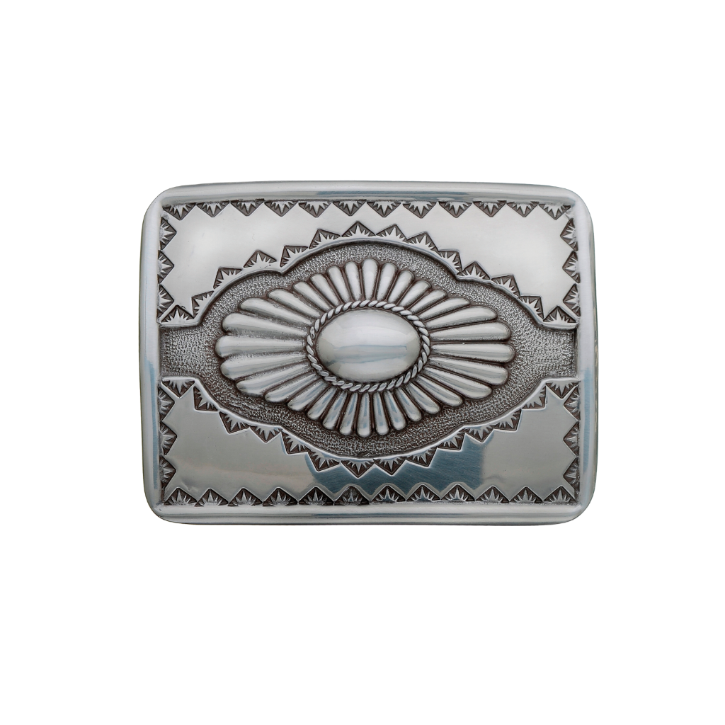 Rectangular silver-tone belt buckle with a central concho and intricate southwestern-style carvings, a unique Italian design fashion accessory.